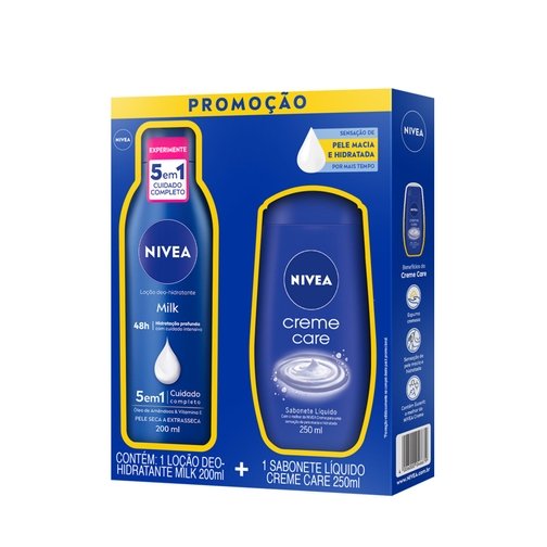 NIVEA KIT LOÇÃO HIDRATANTE MILK PELE SECA A EXTRASSECA 200ML + SABONETE LÍQUIDO CREME CARE 250ML