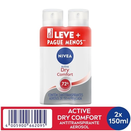 PACK ANTITRANSPIRANTE AEROSSOL 48H NIVEA DRY COMFORT ACTIVE 2 UNIDADES 150ML CADA LEVE MAIS PAGUE MENOS