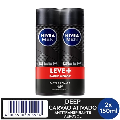 PACK ANTITRANSPIRANTE AEROSSOL CARVÃO ATIVADO 48H NIVEA MEN DEEP 2 UNIDADES 150ML CADA LEVE MAIS PAGUE MENOS