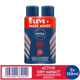 PACK ANTITRANSPIRANTE AEROSSOL DRY IMPACT 48H NIVEA MEN ACTIVE 2 UNIDADES 150ML CADA LEVE MAIS PAGUE MENOS