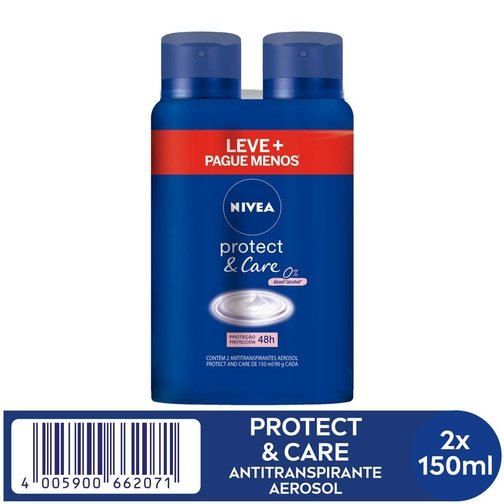 PACK ANTITRANSPIRANTE AEROSSOL PROTECT & CARE 48H NIVEA 2 UNIDADES 150ML CADA LEVE MAIS PAGUE MENOS