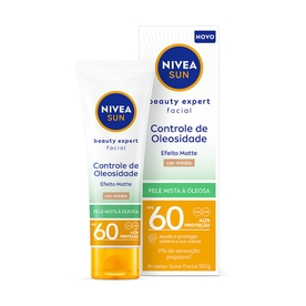 NIVEA SUN PROTETOR SOLAR FACIAL BEAUTY EXPERT CONTROLE DE OLEOSIDADE COM COR FPS 60 50G