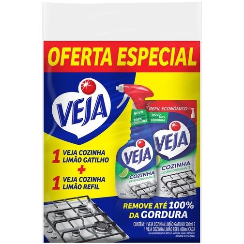 KIT 1 DESENGORDURANTE VEJA COZINHA LIMÃO SPRAY 500ML + 1 REFIL 400ML