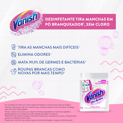 TIRA MANCHAS VANISH PÓ CRYSTAL WHITE ROUPAS BRANCAS 450G