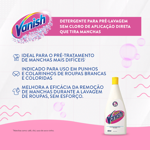 TIRA MANCHAS VANISH PRÉ LAVAGEM RESOLV ROUPAS BRANCAS 450ML