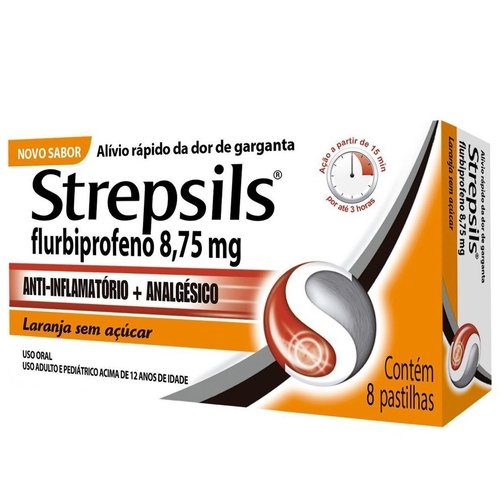 PASTILHAS PARA GARGANTA STREPSILS SABOR LARANJA - SEM AÇÚCAR - CAIXA 8 PASTILHAS