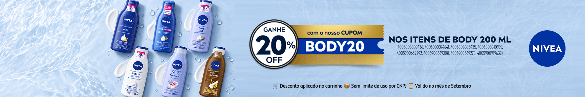 Banner Q3 26 BODY20 20% de desconto em BODY 200ml